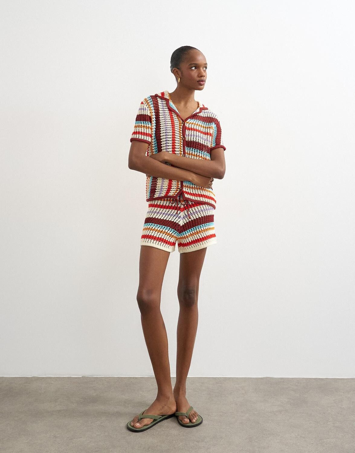 Tsgerdi Ss Crochet Striped Knit Shirt