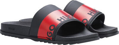 Italian-made slides with red logo tape
