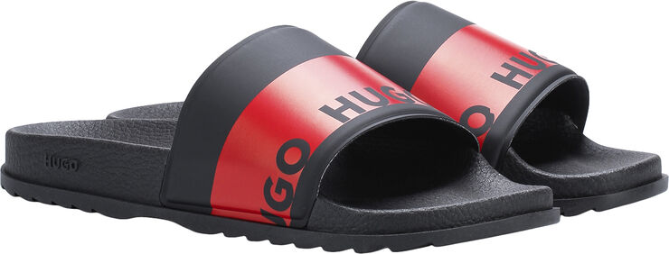 Italian-made slides with red logo tape