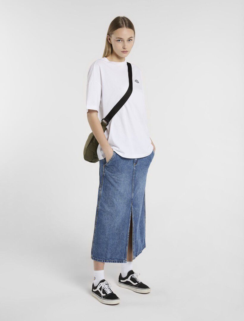 LONG DENIM CARPENTER SKIRT W RINSED