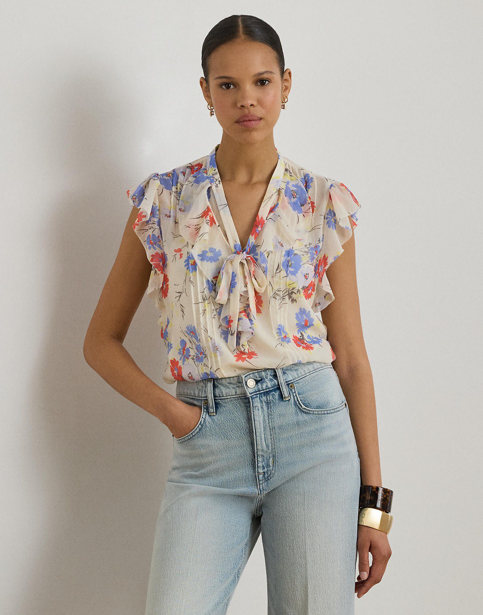 Floral Pintucked Tie-Neck Blouse