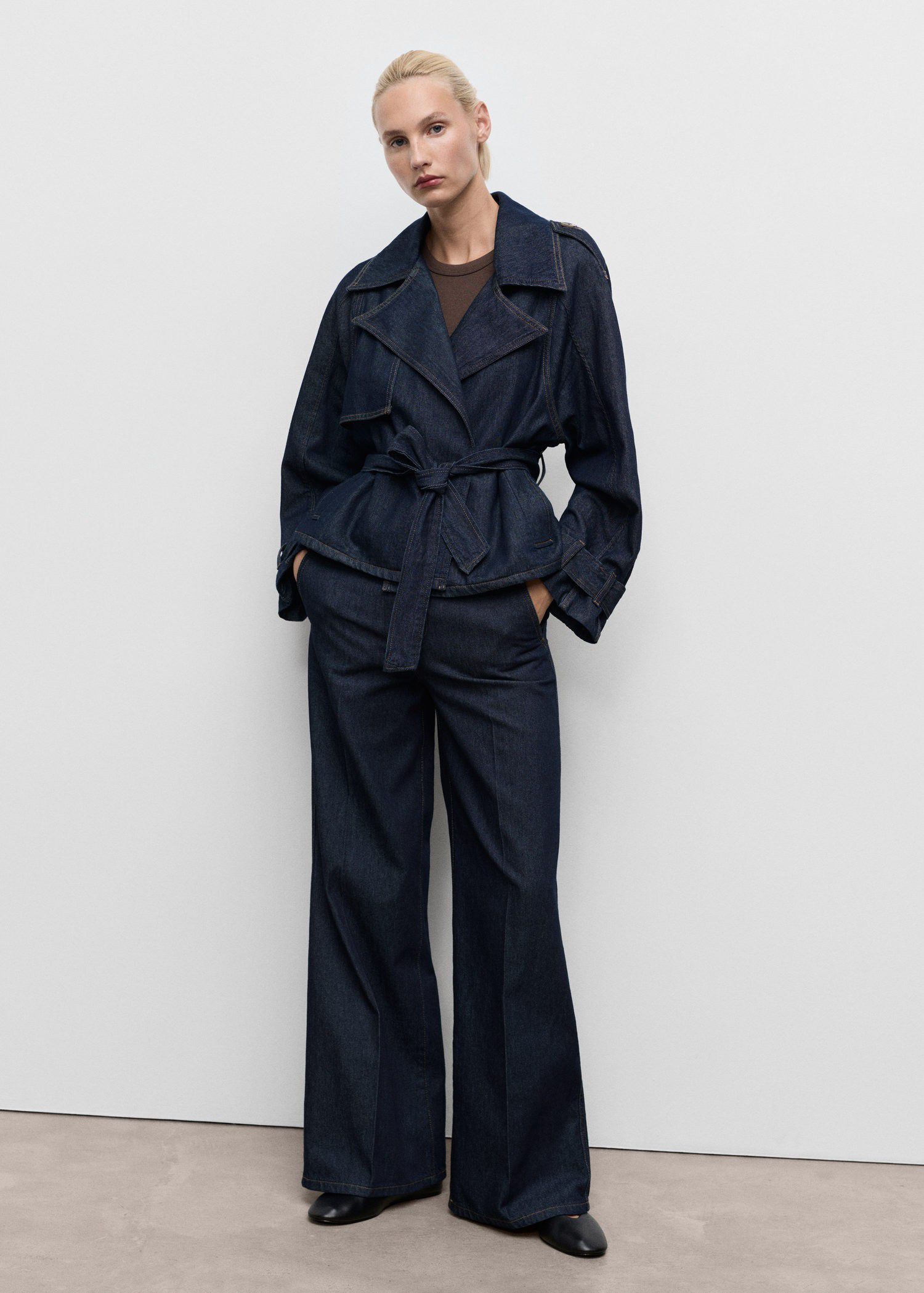 Wide leg denim trousers with belt l