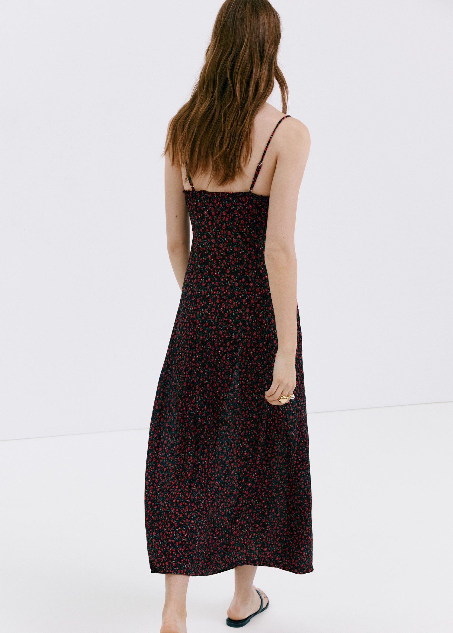 Floral midi-dress with gathered nec