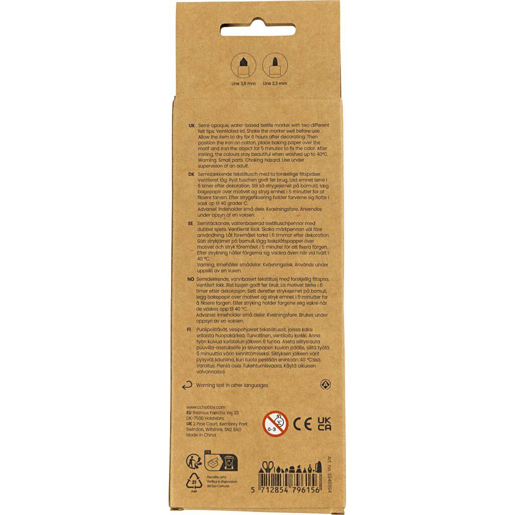 Tekstiltusch, streg 2,3+3,6, ass. farver, 6 stk.