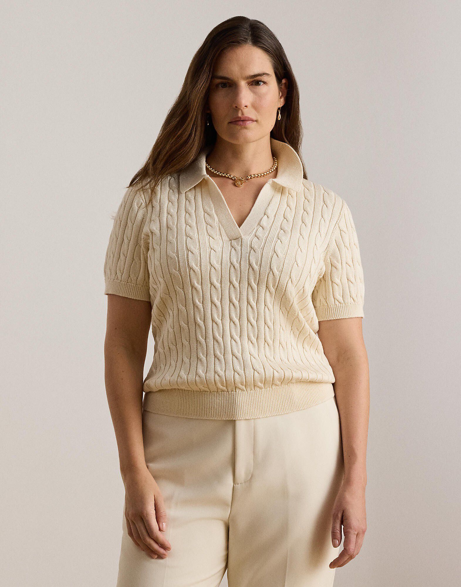 Cable Cotton-Blend Short-Sleeve Sweater