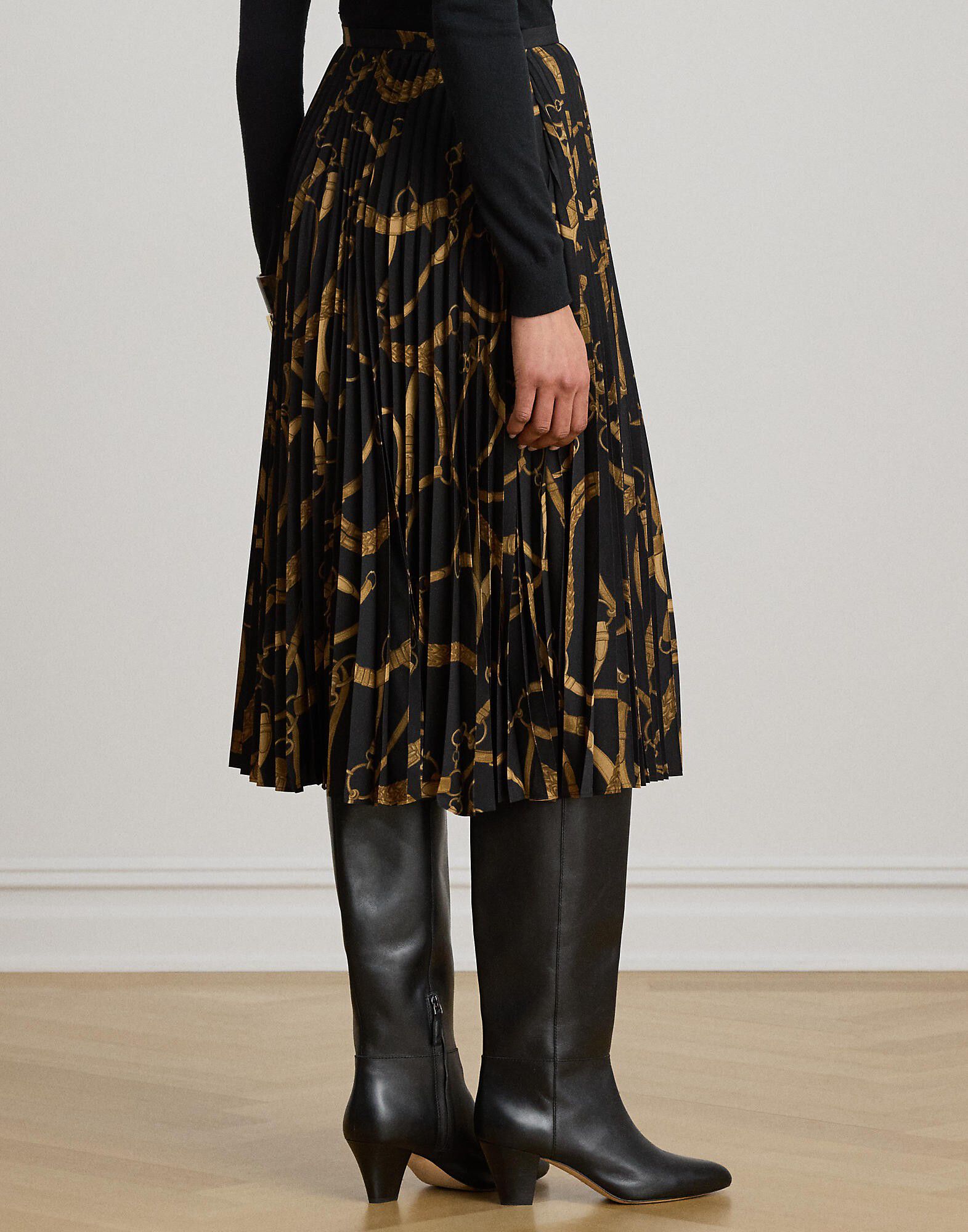 Belting-Print Pleated Crepe Skirt