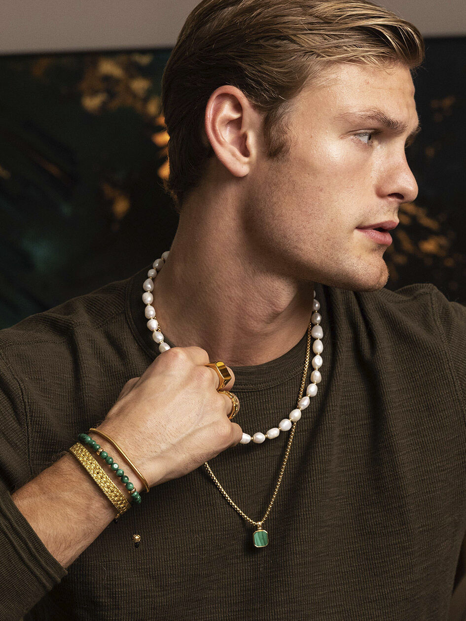 Men's Beaded Bracelet with Malachite and Gold Plating