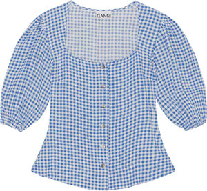 Button-down blus i kräpptyg med tryck