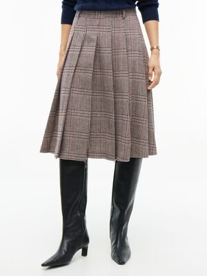 Textured Wool Blend Check Pleated Skirt