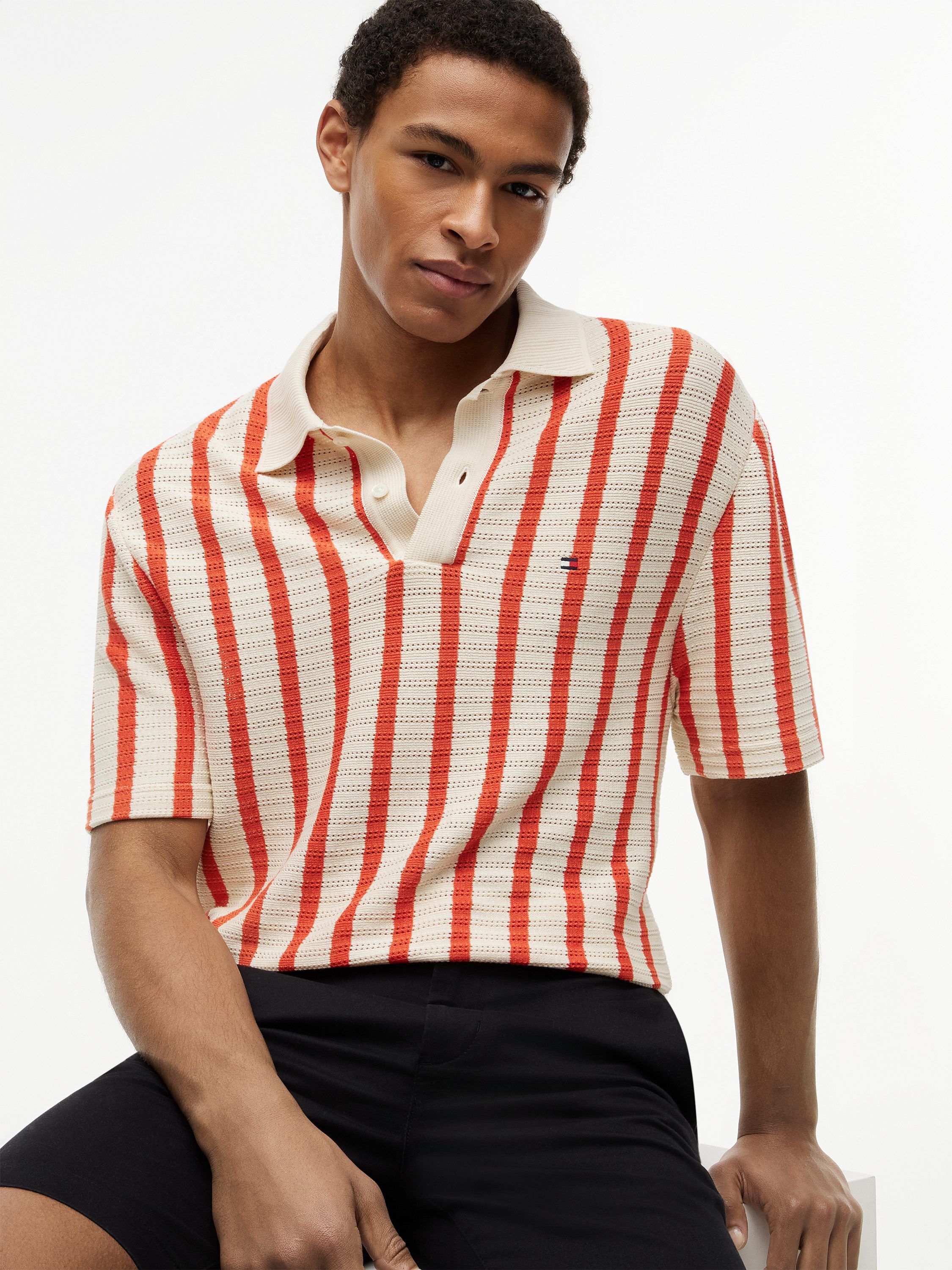 Relaxed Fit Open Knit Polo Shirt