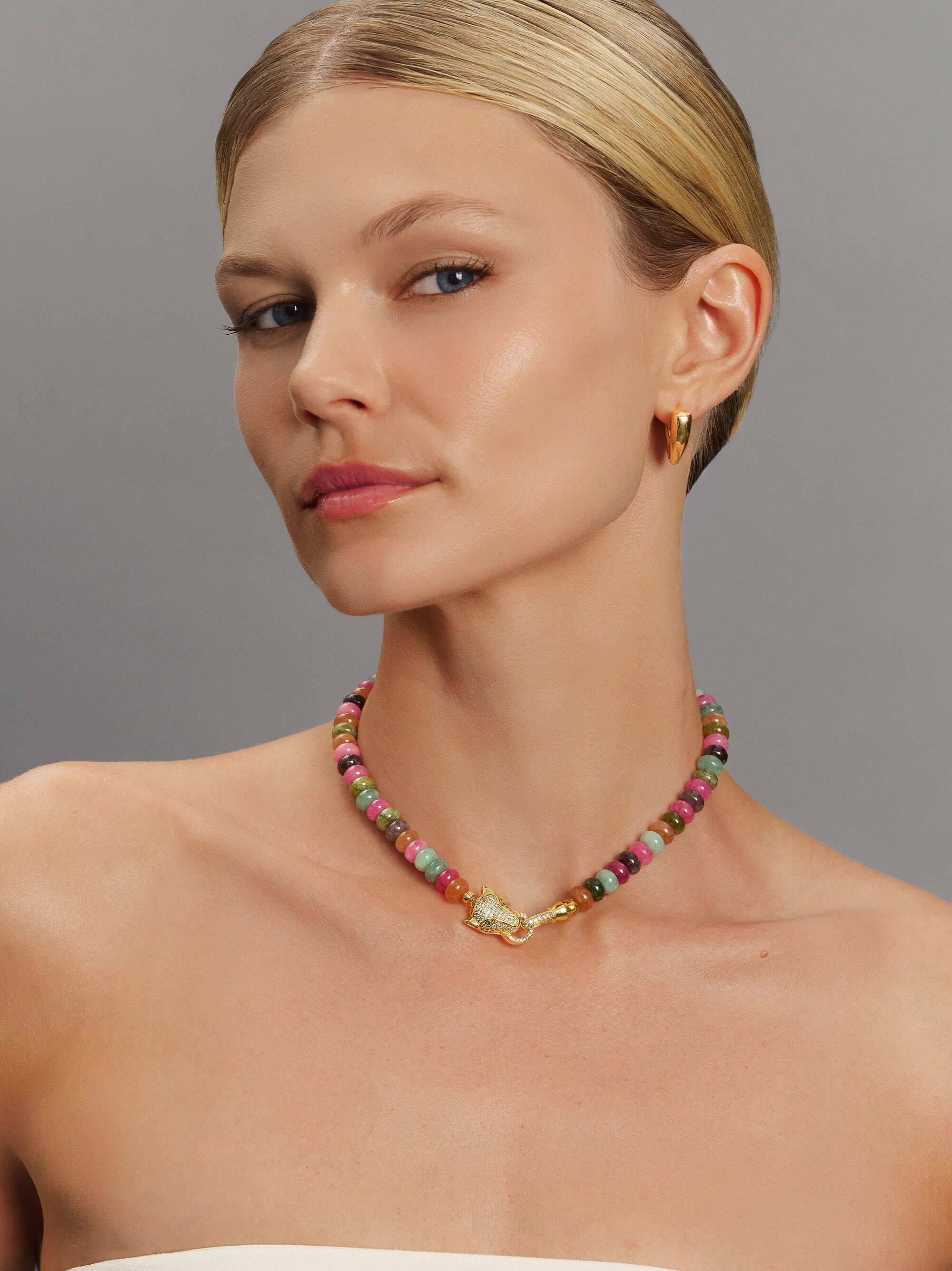 Women's Mixed Gemstone Choker with Panther Head