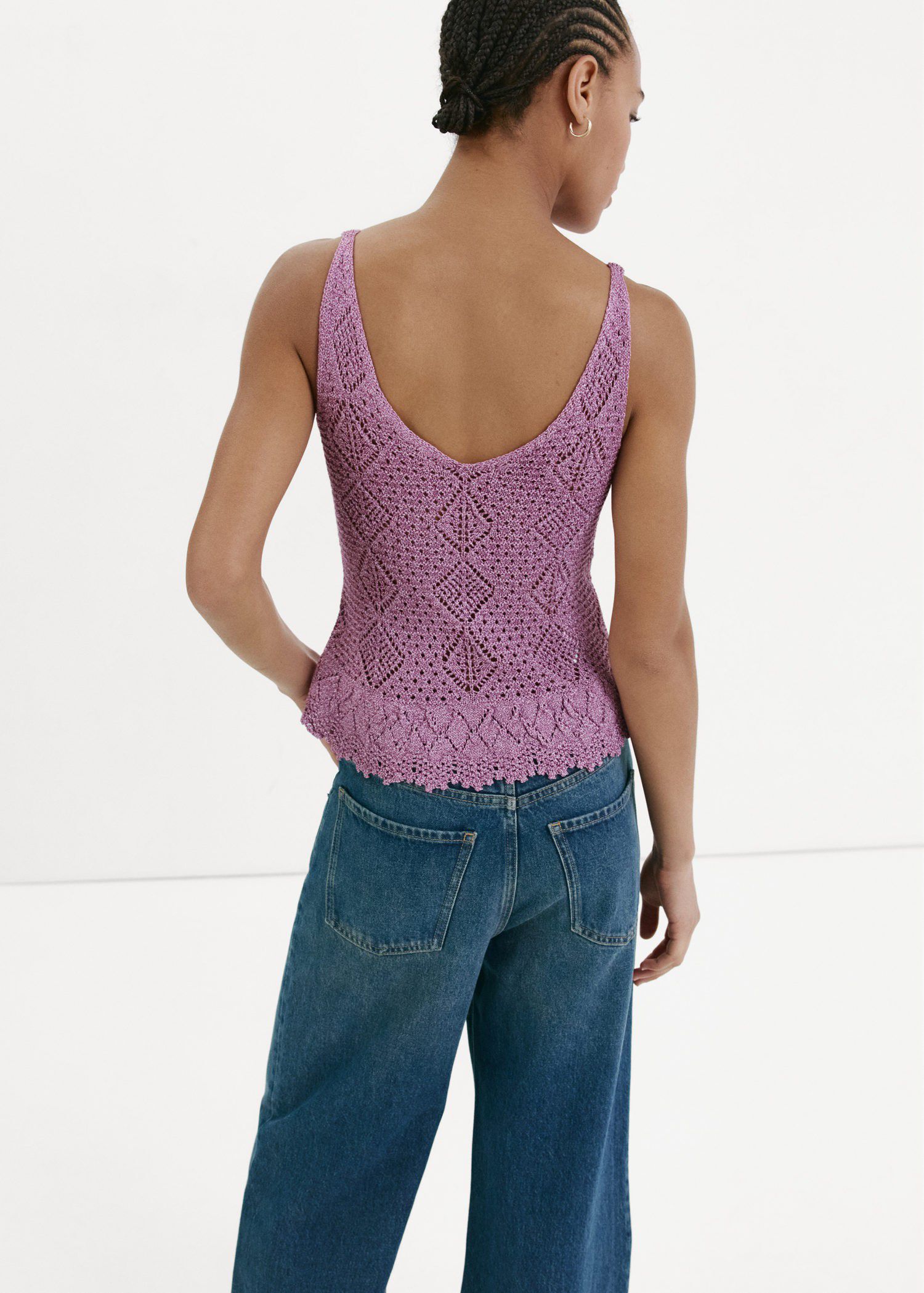 Scalloped frill lurex crochet top