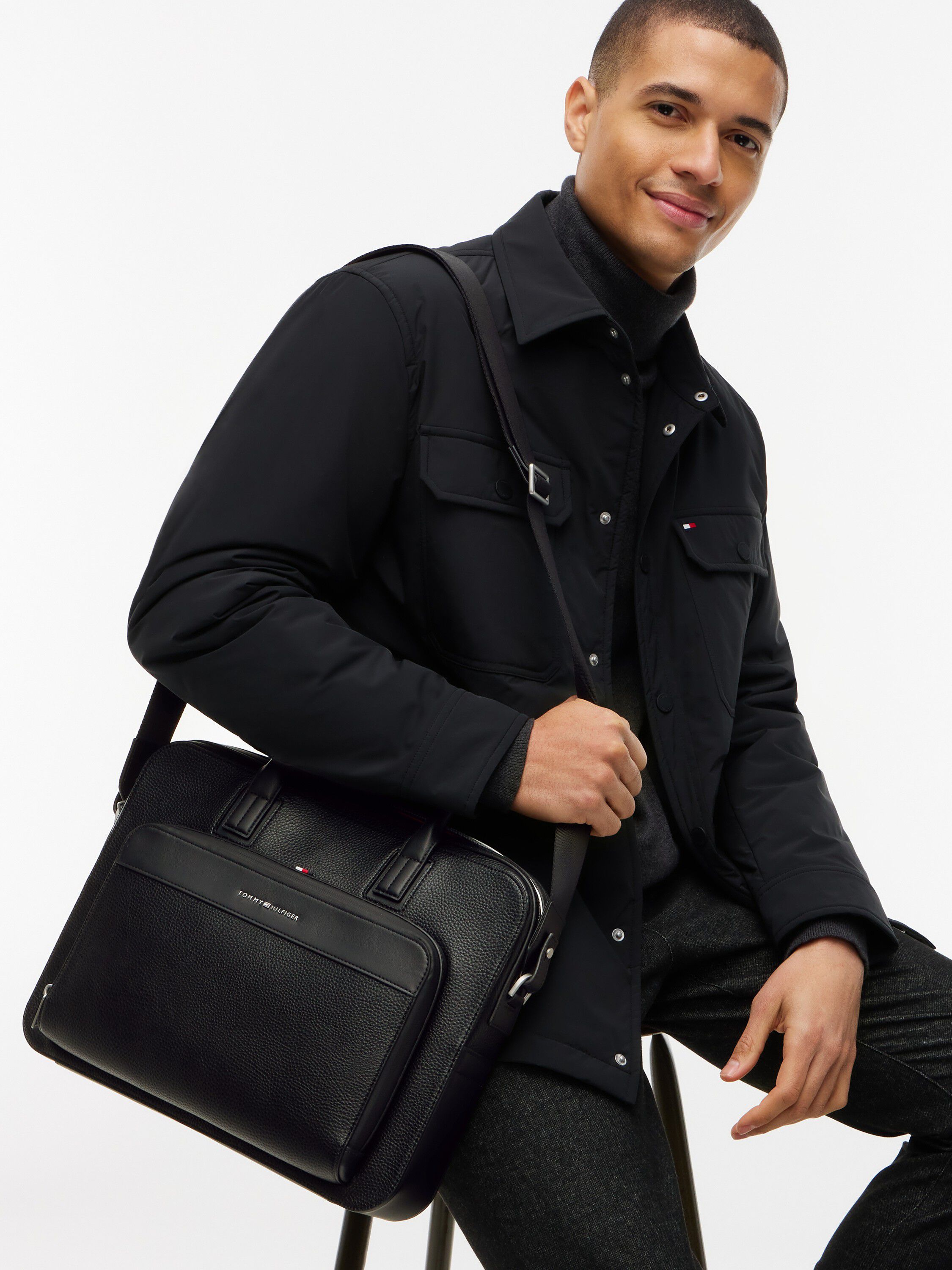 Metal Logo Textured Slim Laptop Bag