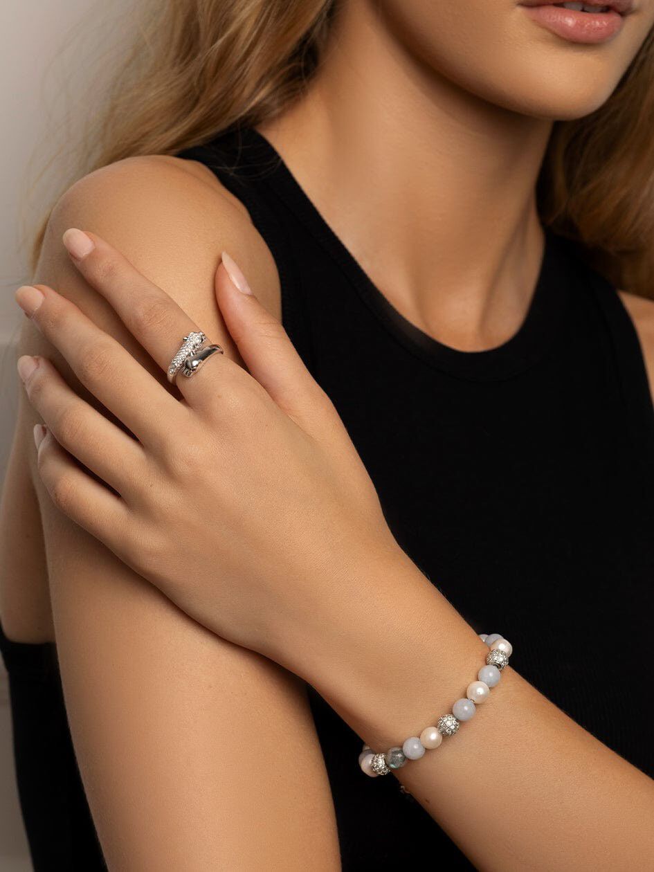 Women's Beaded Bracelet with Larimar, Pearl, Blue Lace Agate