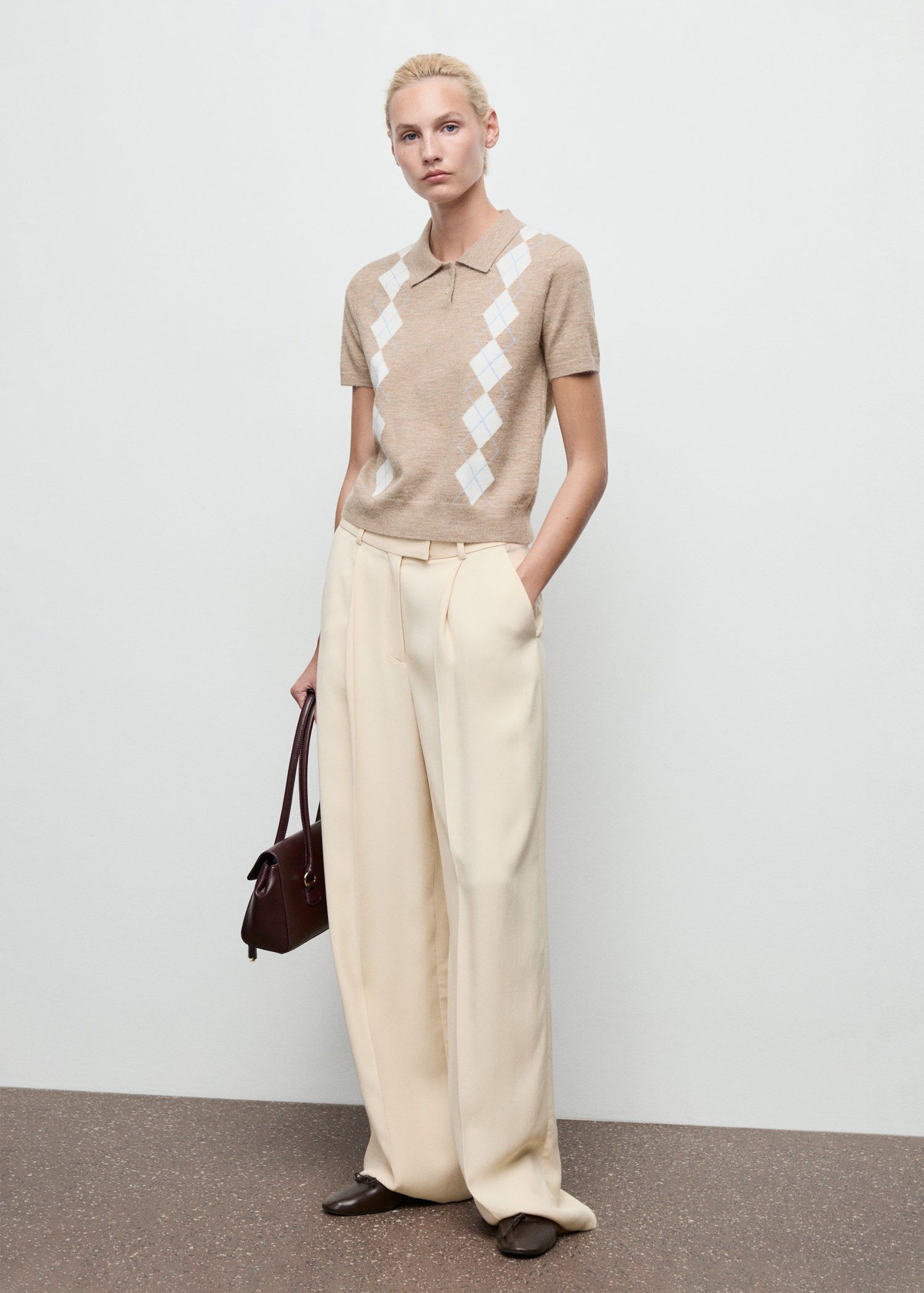 Diamond pattern polo neck sweater