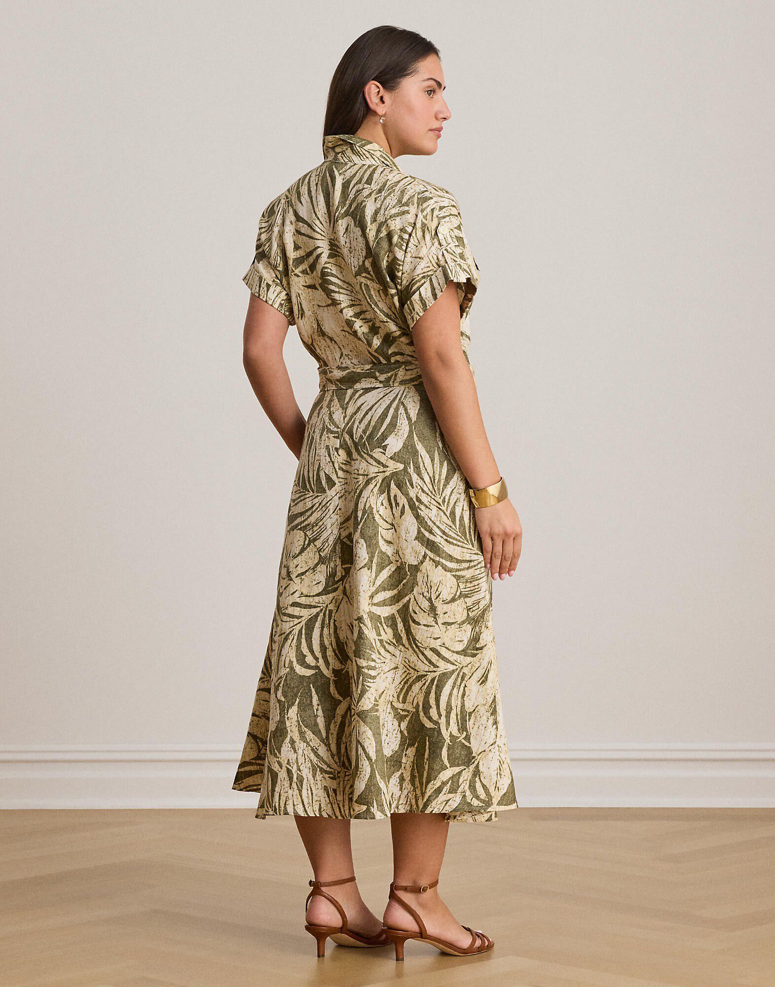 Palm-Frond-Print Linen Camp Shirtdress