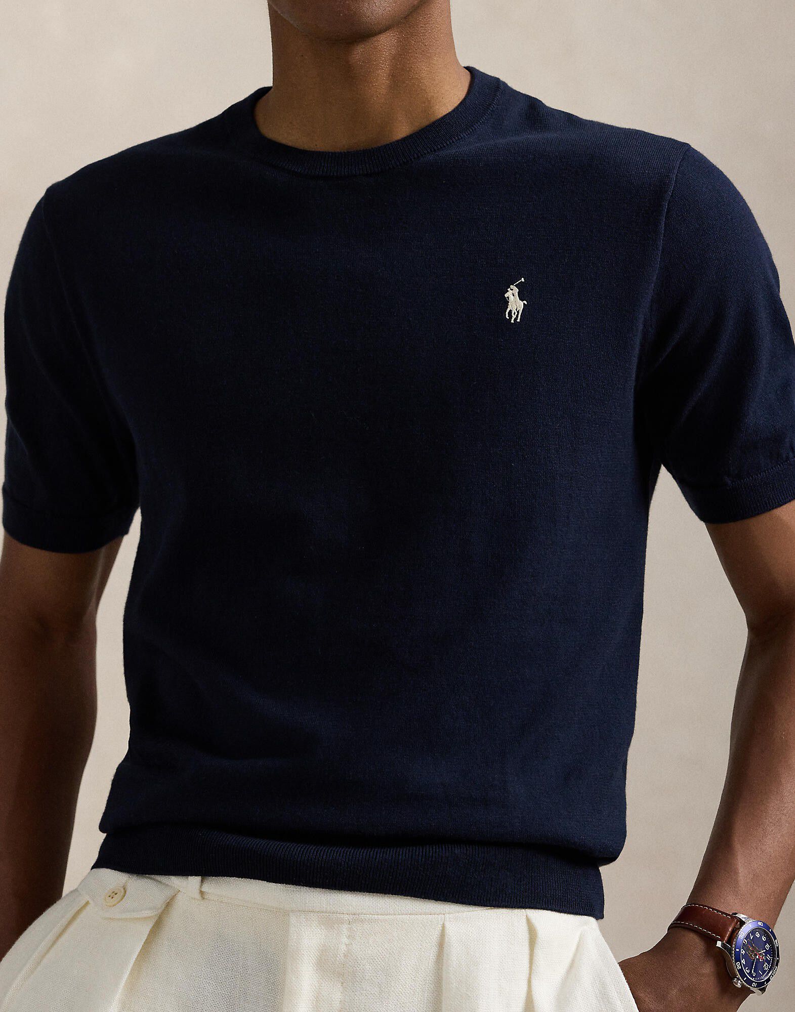 Cotton Crewneck Short-Sleeve Sweater