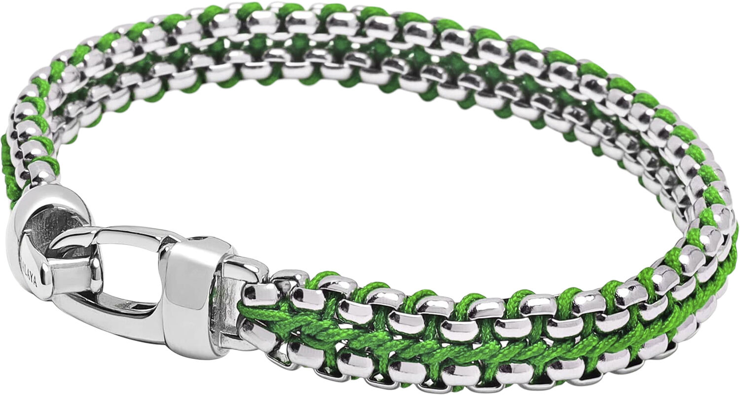 Men's Green Woven 8mm Box Chain Bracelet in Silver