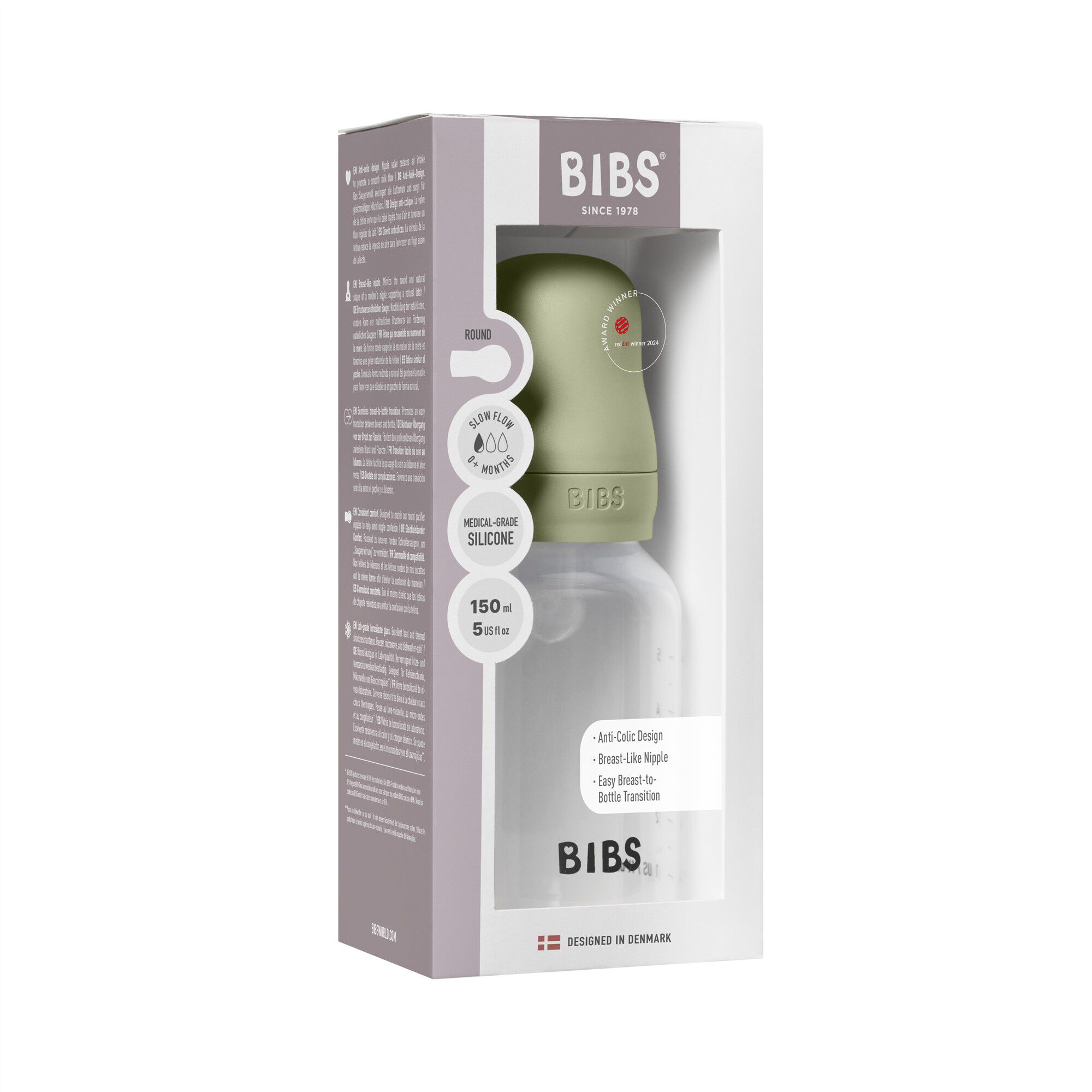 BIBS Baby Bottle Round Silicone 1 pack 150 ml Slow Flow Sage