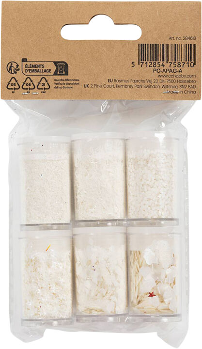 Bio-glimmer & Pailletter, sølv, hvid, 6x7ml.