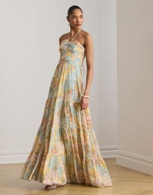 Floral Georgette Tiered Halter Gown