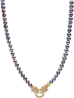 Black Pearl Choker with Double Panther Head in Gold