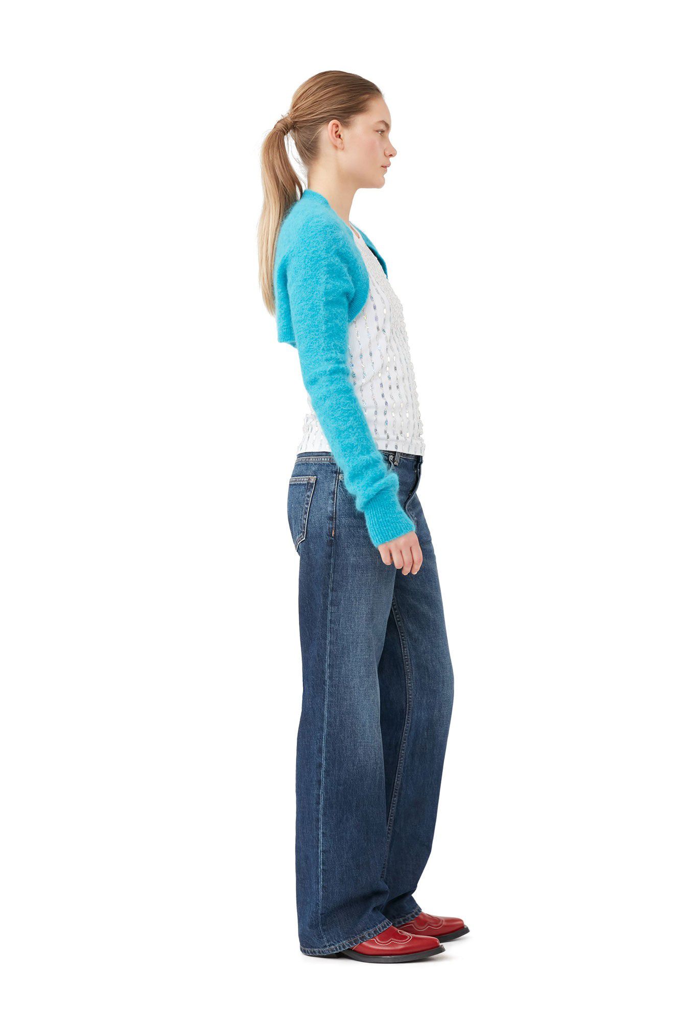 Bolero topp i bl&aring; borstad alpacka