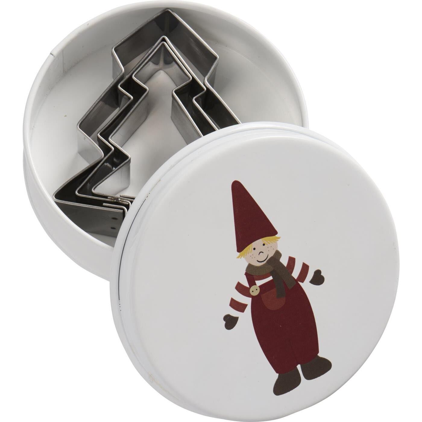 D&aring;se m/3 juletr&aelig;-kageudstikkere, nisse p&aring; l&aring;get