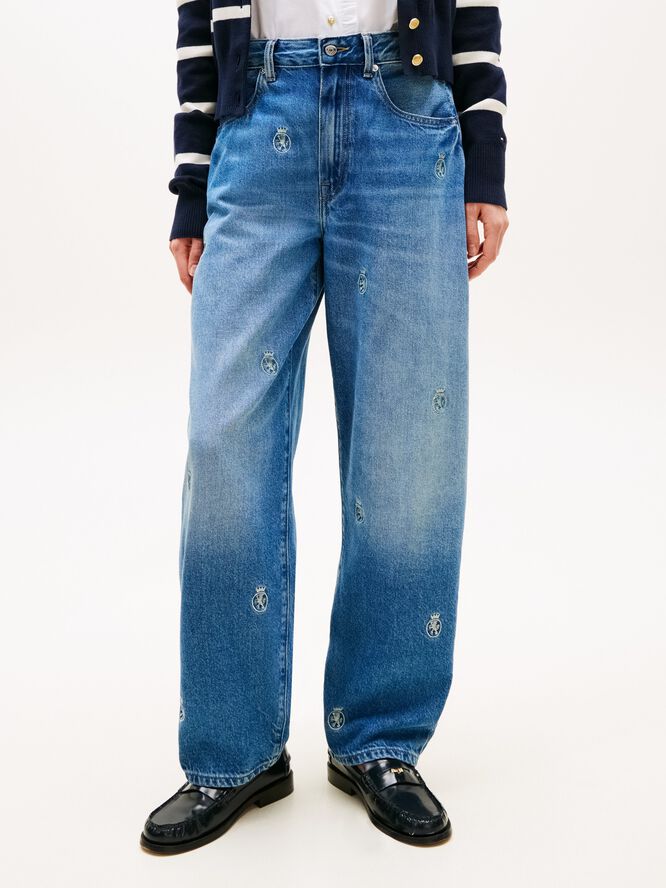 Crest Embroidery Mid Rise Barrel Leg Jeans