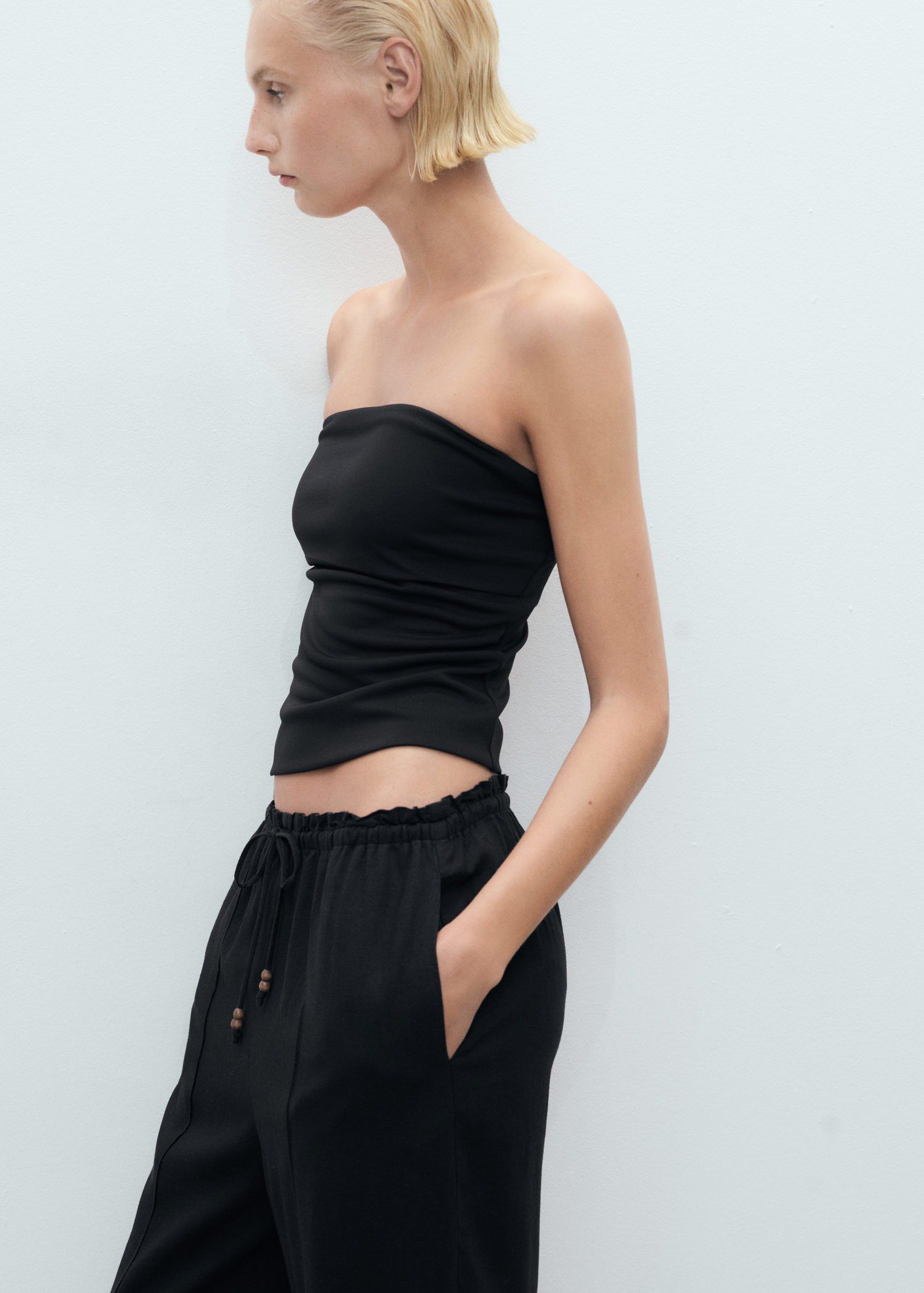 Linen-blend elastic waist trousers