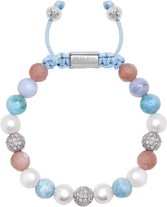 Women's Beaded Bracelet with Larimar, Pearl, Blue Lace Agate