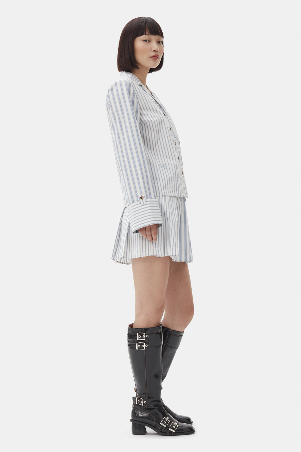 Stripe Cotton Pleated Mini Skirt