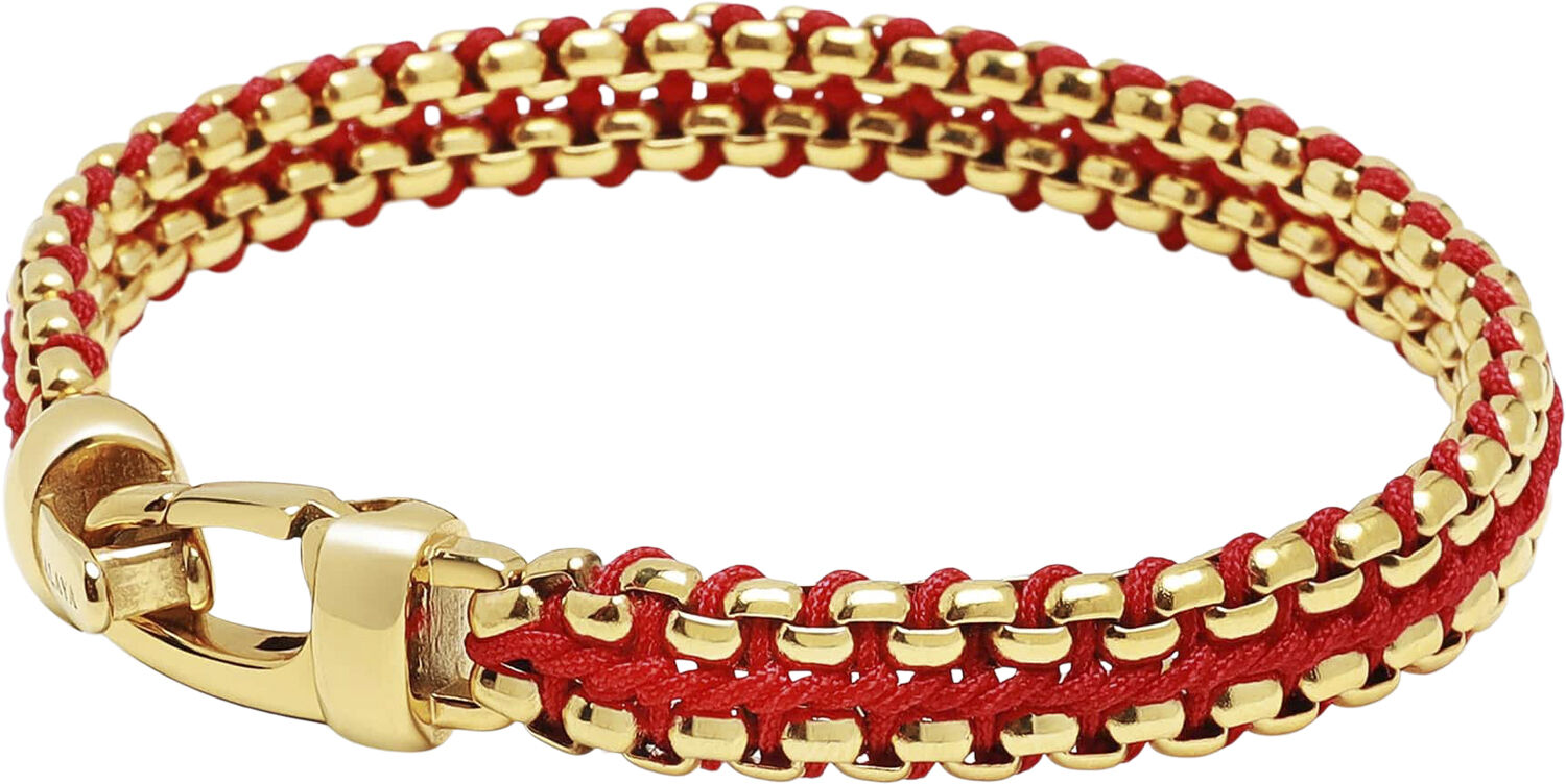 Men's Red Woven 8mm Box Chain Bracelet in Gold