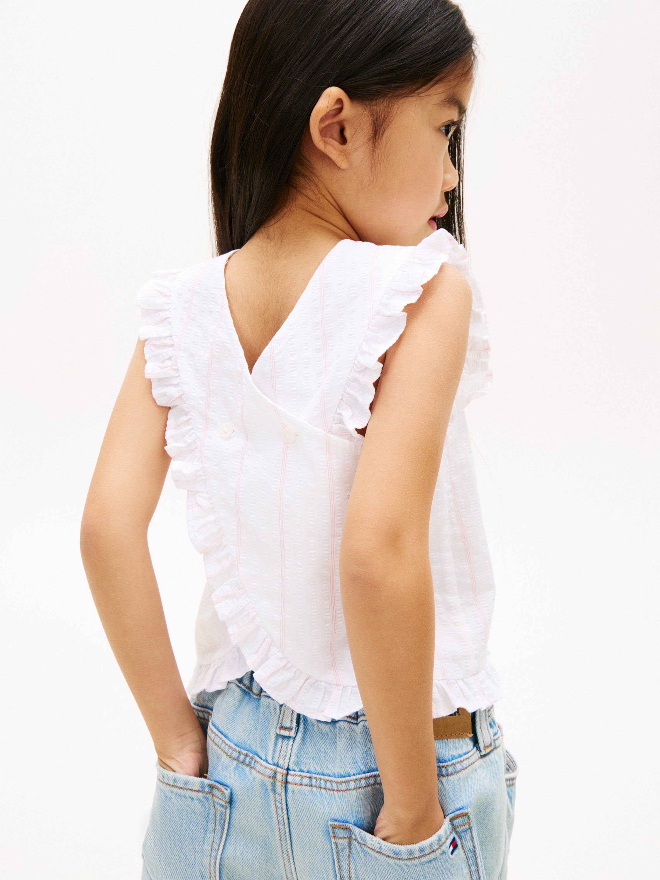 Crossover Back Seersucker Sleeveless Shirt