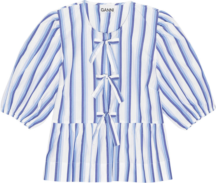 Stripe Cotton Peplum Puff Sleeve Bl