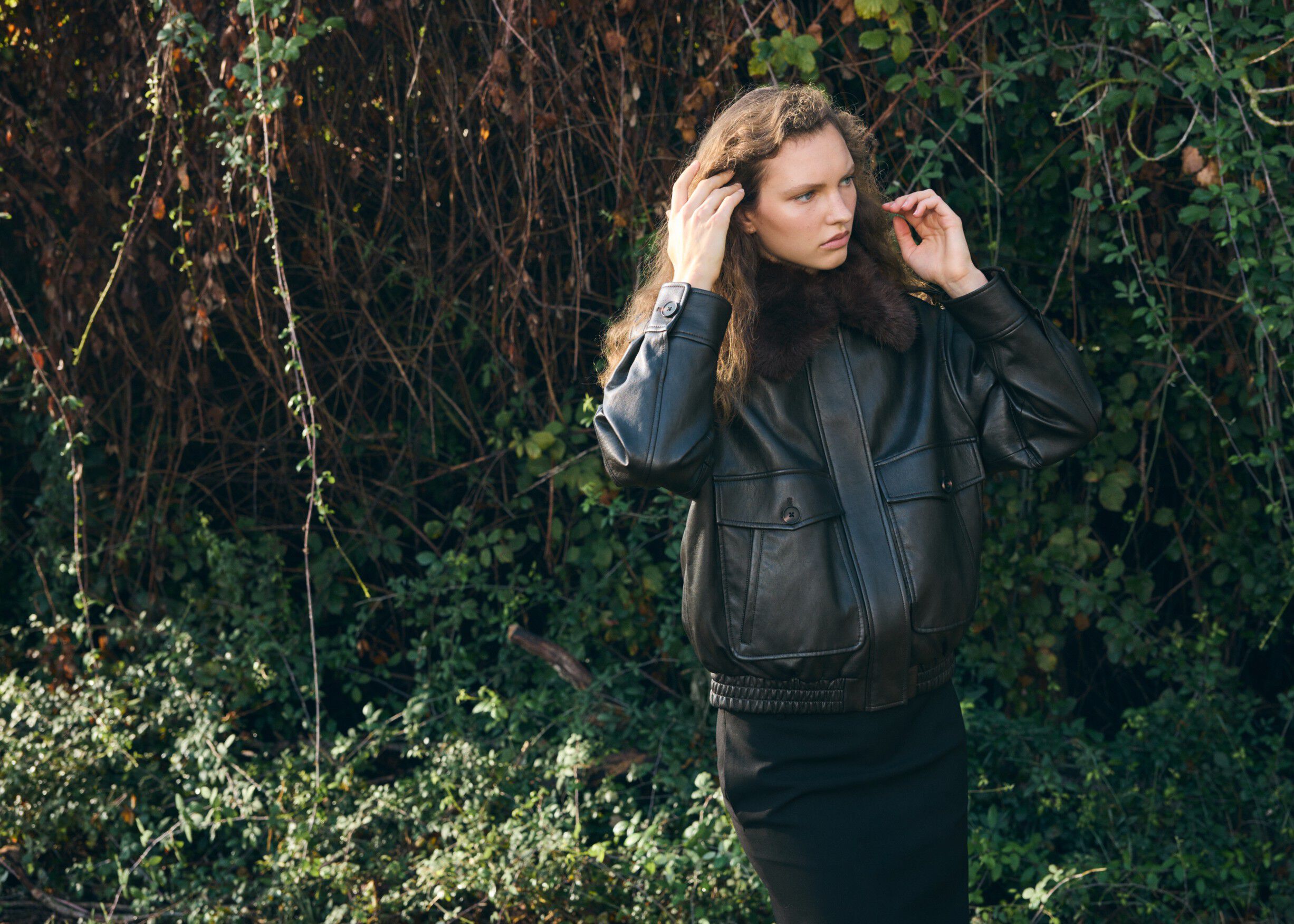 Faux-leather jacket with faux-fur c