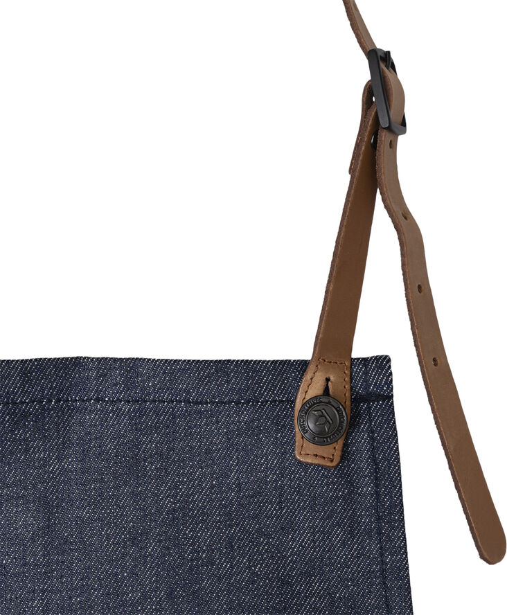 BBQ Style Apron, Denim Brut with leather straps in Cognac co