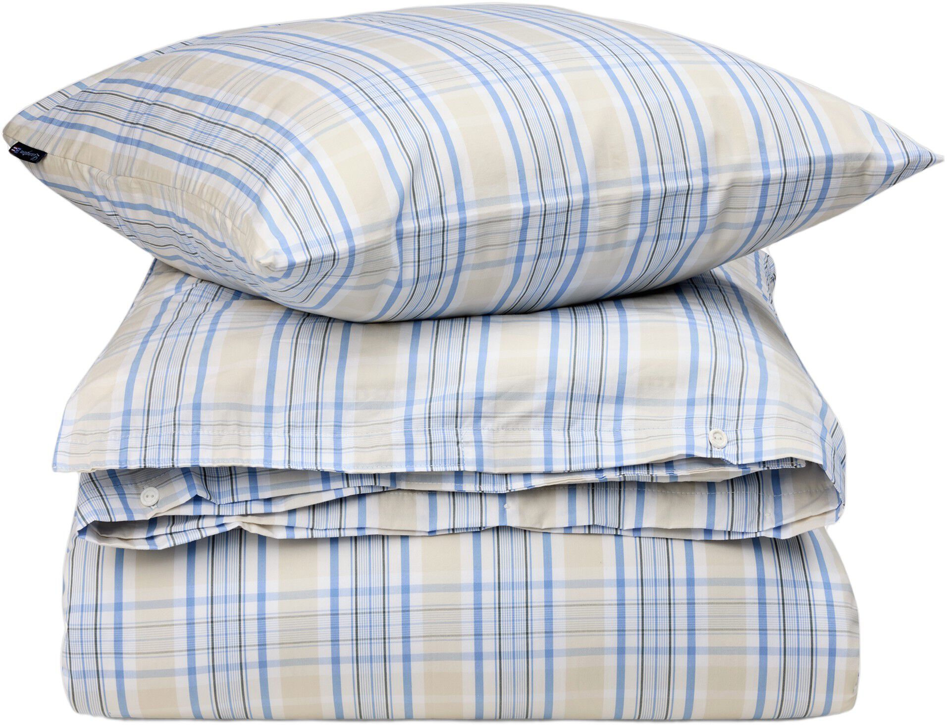 Beige/Blue Checked Cotton Poplin Bed Set