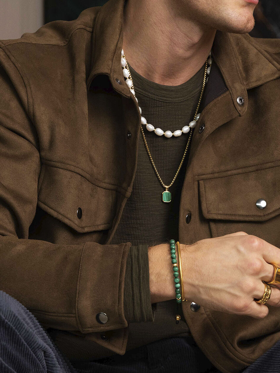 Men's Beaded Bracelet with Malachite and Gold Plating