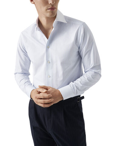 Slim Fit Light Blue Striped White Collar Signature Twill Shirt