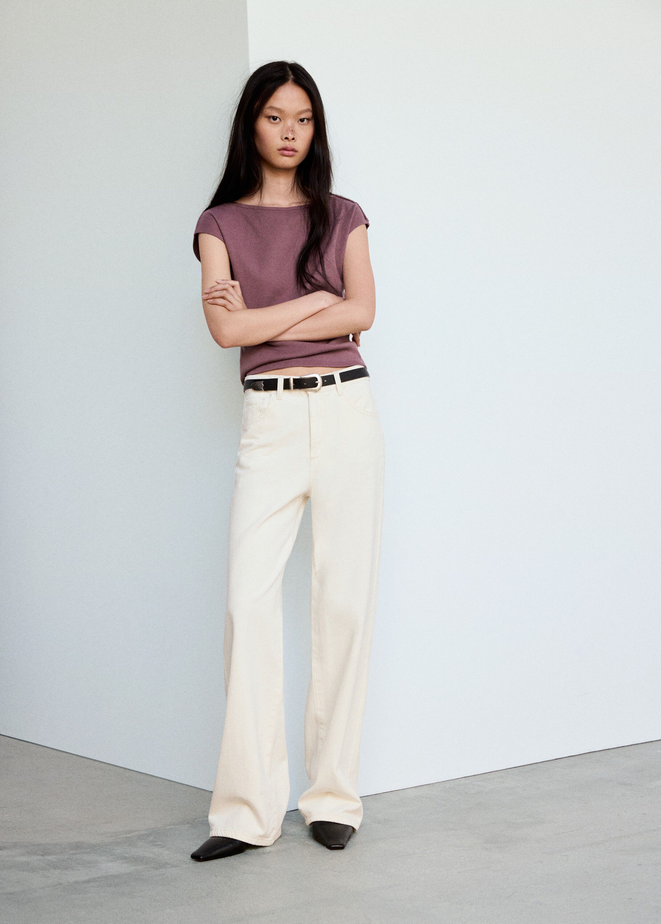 Boat neck top with decorative butto
