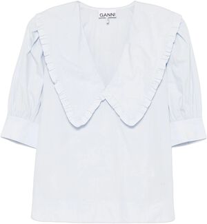 Cotton Poplin V-neck Ruffle Blouse