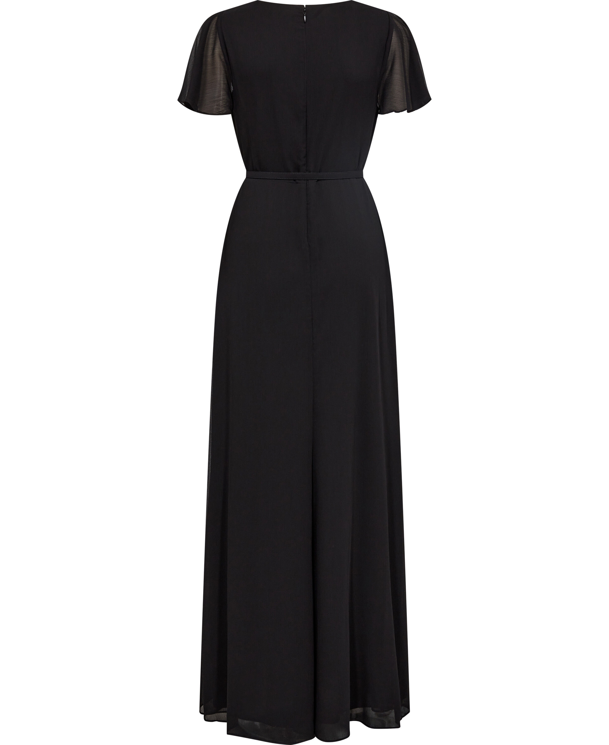 Belted Georgette Flutter-Sleeve Gown