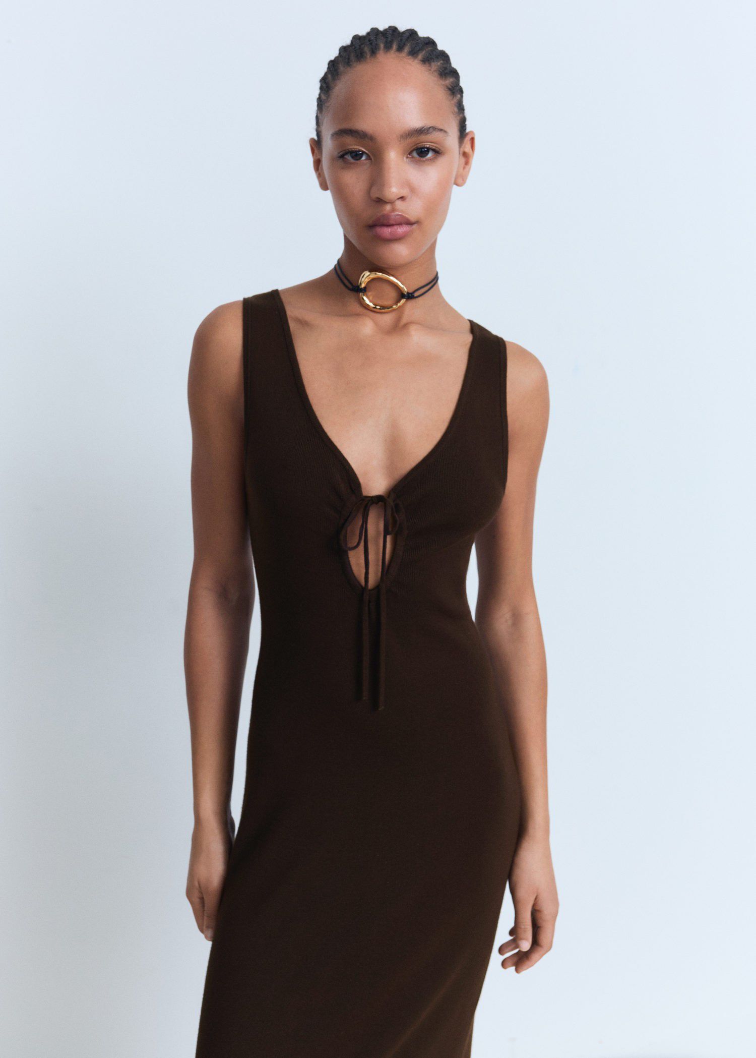 Knitted dress with bow neckline