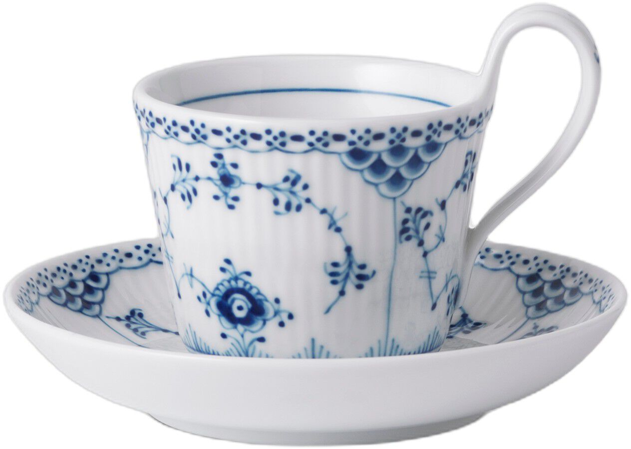 Musselmalet Halvblonde kop med underkop 17 cl