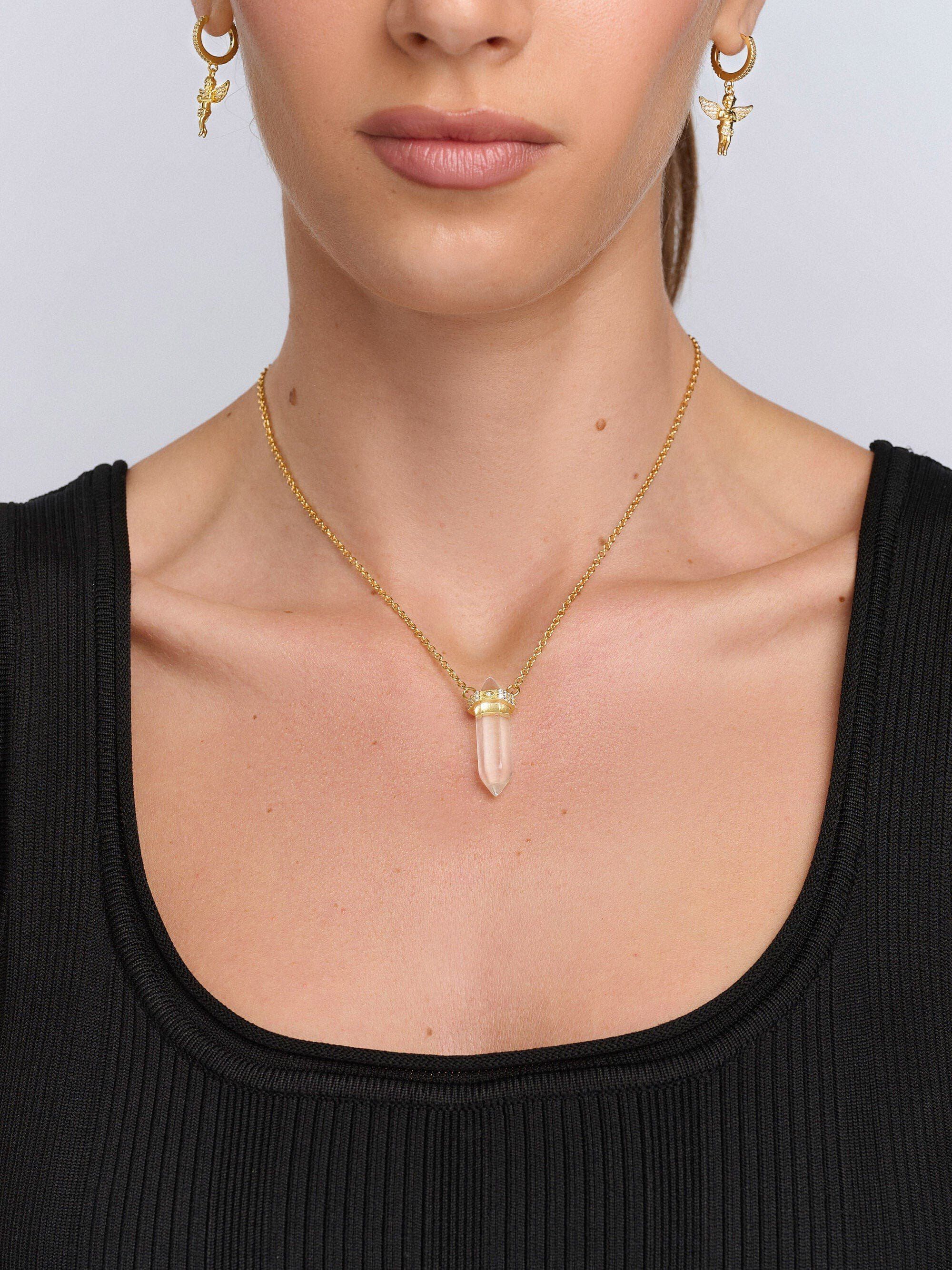 Women's Sterling Silver Clear Quartz Crystal Necklace with E