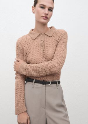 Openwork knitted polo-neck sweater