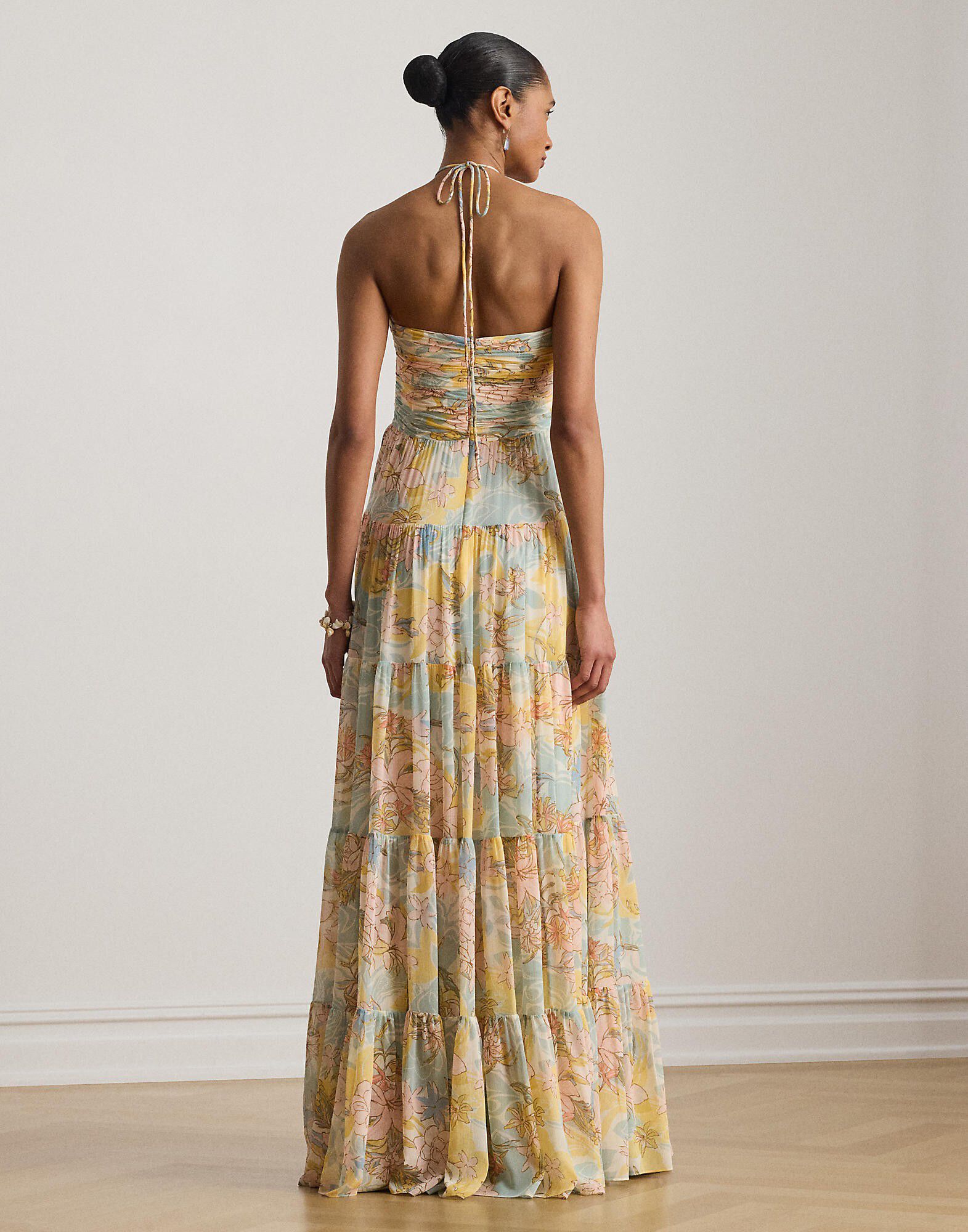 Floral Georgette Tiered Halter Gown