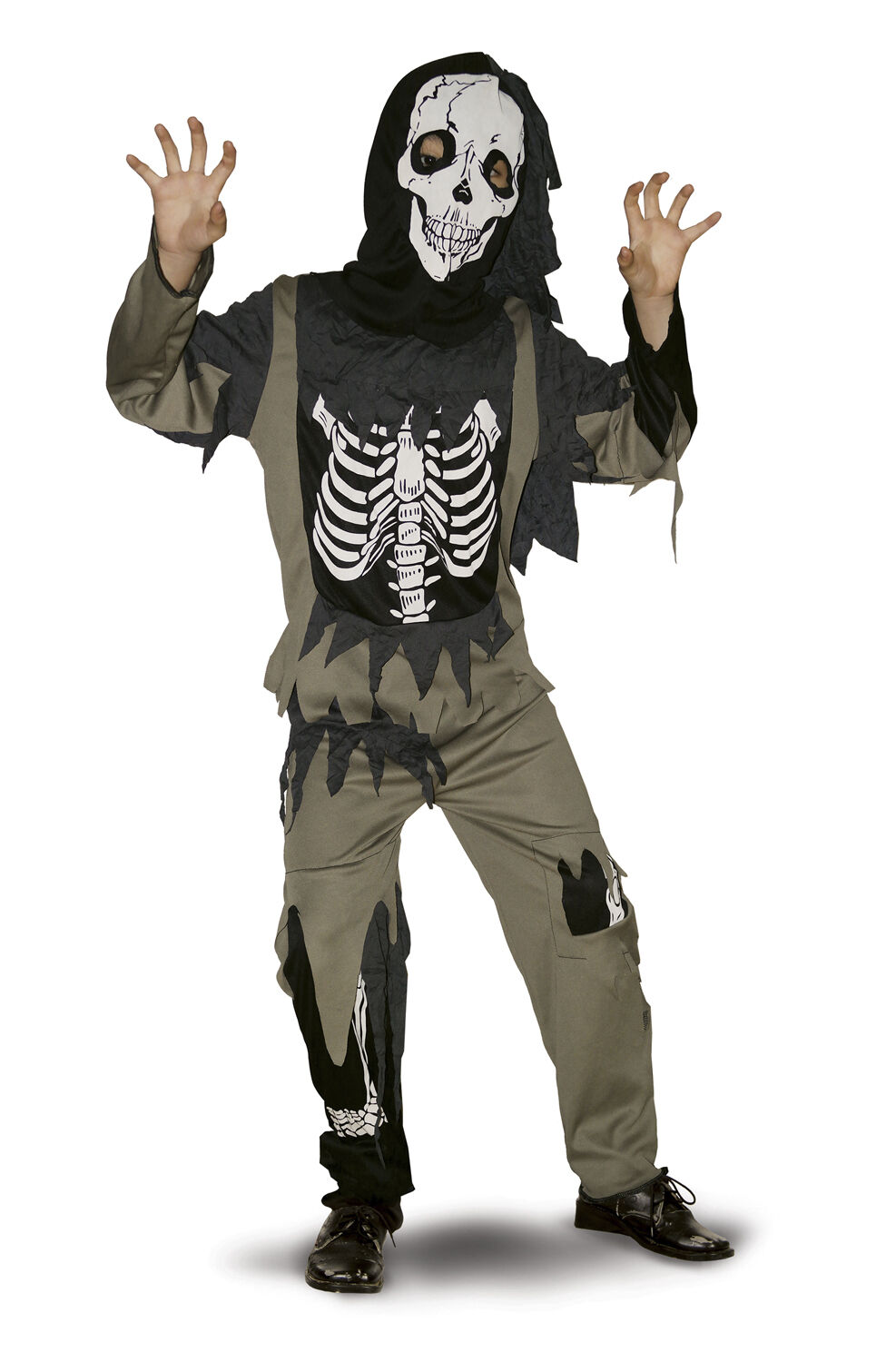 RIO SKELET ZOMBIE 140 CM TR&Oslash;JE-BUKSER-HOOD-MASKE