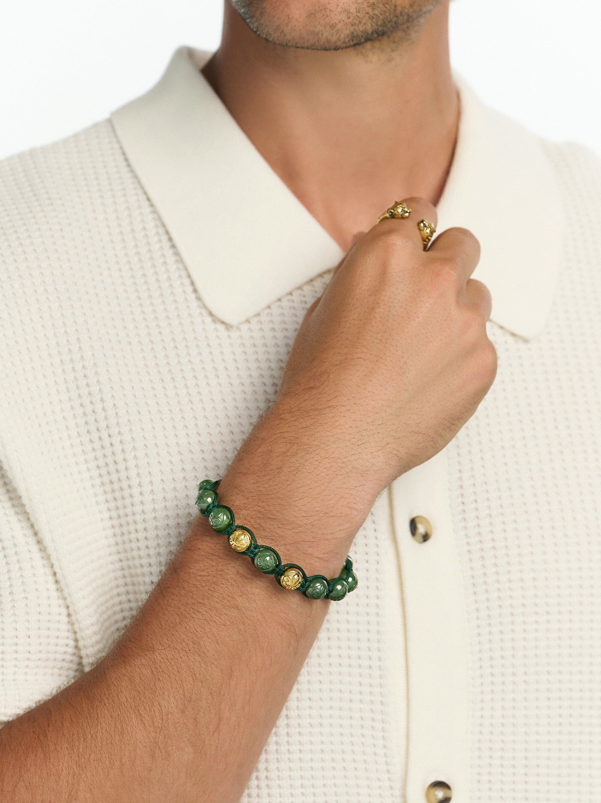 Men's Beaded Bracelet with Matte Green, Glossy Green Ceramic & Silver